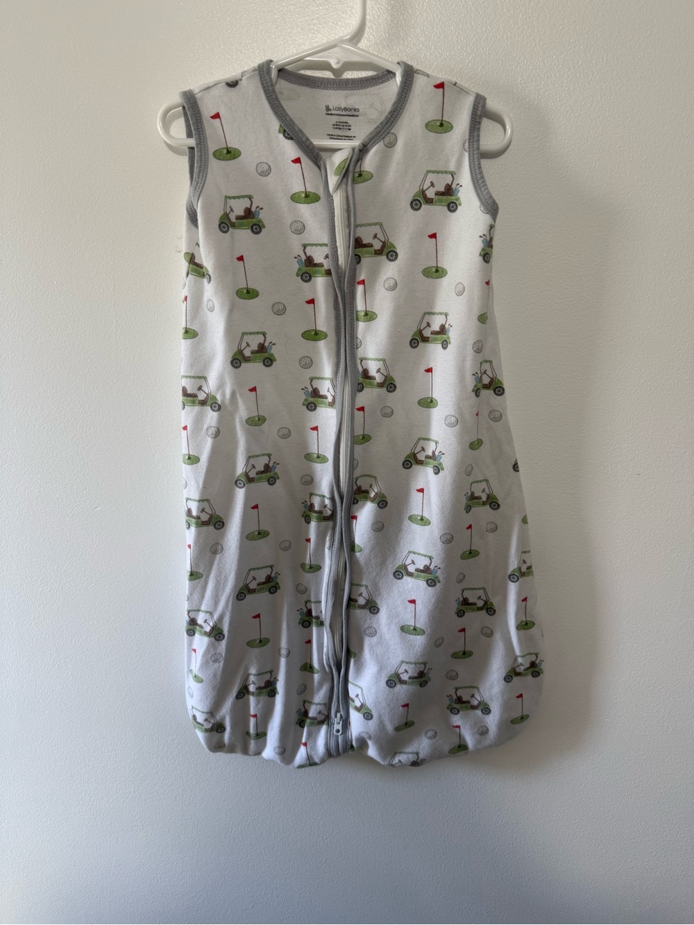 White Sleep Sack with Golf Cart Print and Gray Trim